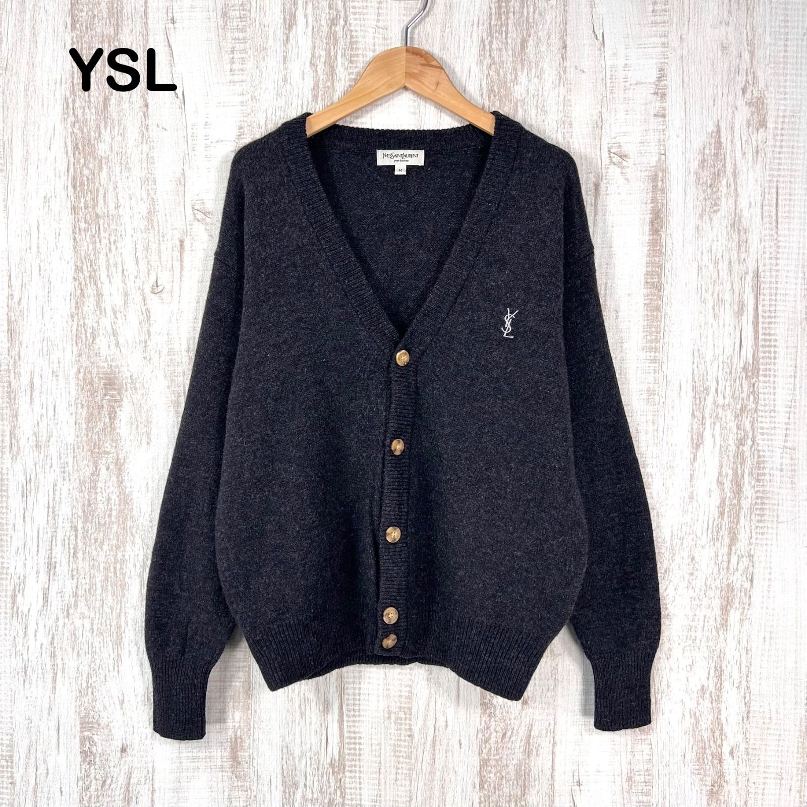 YSL Yves Saint Laurent イヴサンローラン ロゴ刺繡 ウォッシャブル ウールニット Vネック ロングスリーブ カーディガン ブラック メンズ 長袖 トップス