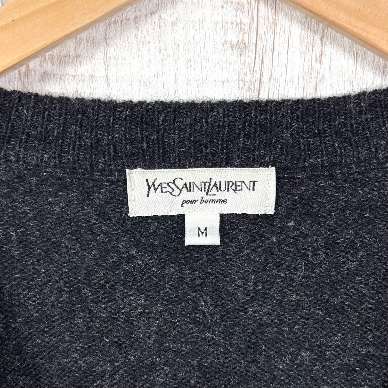 YSL Yves Saint Laurent イヴサンローラン ロゴ刺繡 ウォッシャブル ウールニット Vネック ロングスリーブ カーディガン ブラック メンズ 長袖 トップス