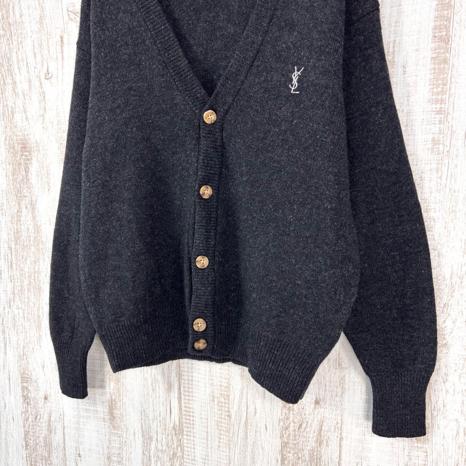 YSL Yves Saint Laurent イヴサンローラン ロゴ刺繡 ウォッシャブル ウールニット Vネック ロングスリーブ カーディガン ブラック メンズ 長袖 トップス