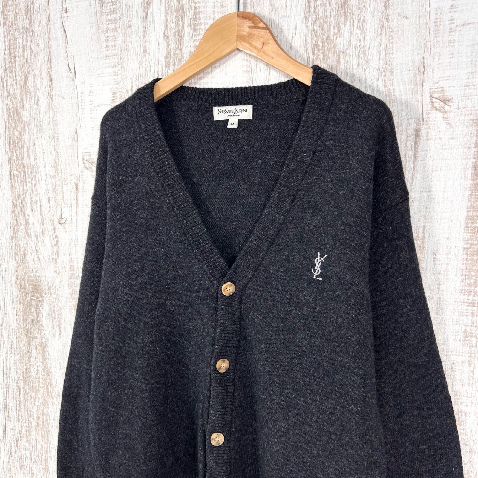 YSL Yves Saint Laurent イヴサンローラン ロゴ刺繡 ウォッシャブル ウールニット Vネック ロングスリーブ カーディガン ブラック メンズ 長袖 トップス