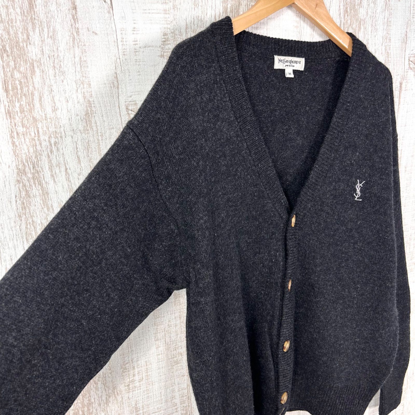 YSL Yves Saint Laurent イヴサンローラン ロゴ刺繡 ウォッシャブル ウールニット Vネック ロングスリーブ カーディガン ブラック メンズ 長袖 トップス