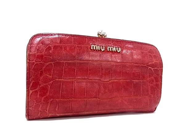miumiu ミュウミュウ クロコダイル型押しレザー がま口 二つ折り 長