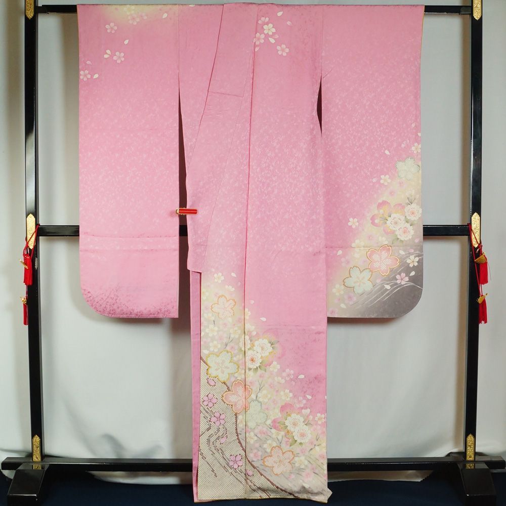 振袖セット 振袖・袋帯 2点 セット ぼかしに桜花、流水模様 広幅サイズ 