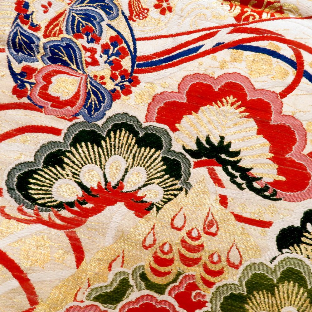 丸帯 アンティーク 金糸 ゴールドx茶青緑黒紫白紺 両面 鳳凰 雅 丸帯 アンティーク 金糸 ゴールドx茶青緑黒紫白紺 両面 鳳凰 雅