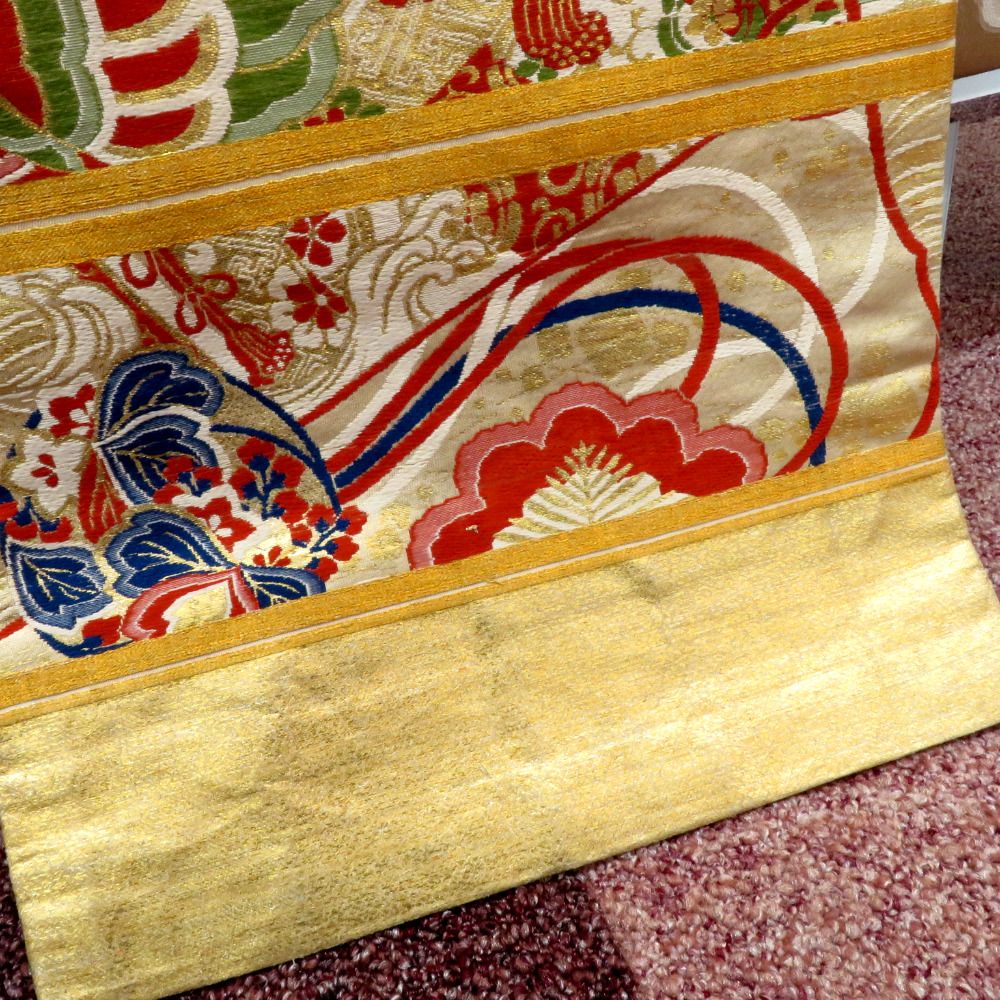 丸帯 アンティーク 金糸 ゴールドx茶青緑黒紫白紺 両面 鳳凰 雅 丸帯 アンティーク 金糸 ゴールドx茶青緑黒紫白紺 両面 鳳凰 雅