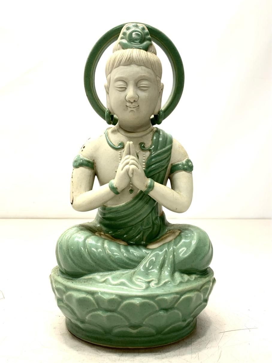 九谷焼】銘入り 青磁 観音菩薩像 仏像 置物 高さ28cm 工芸美術品 骨董