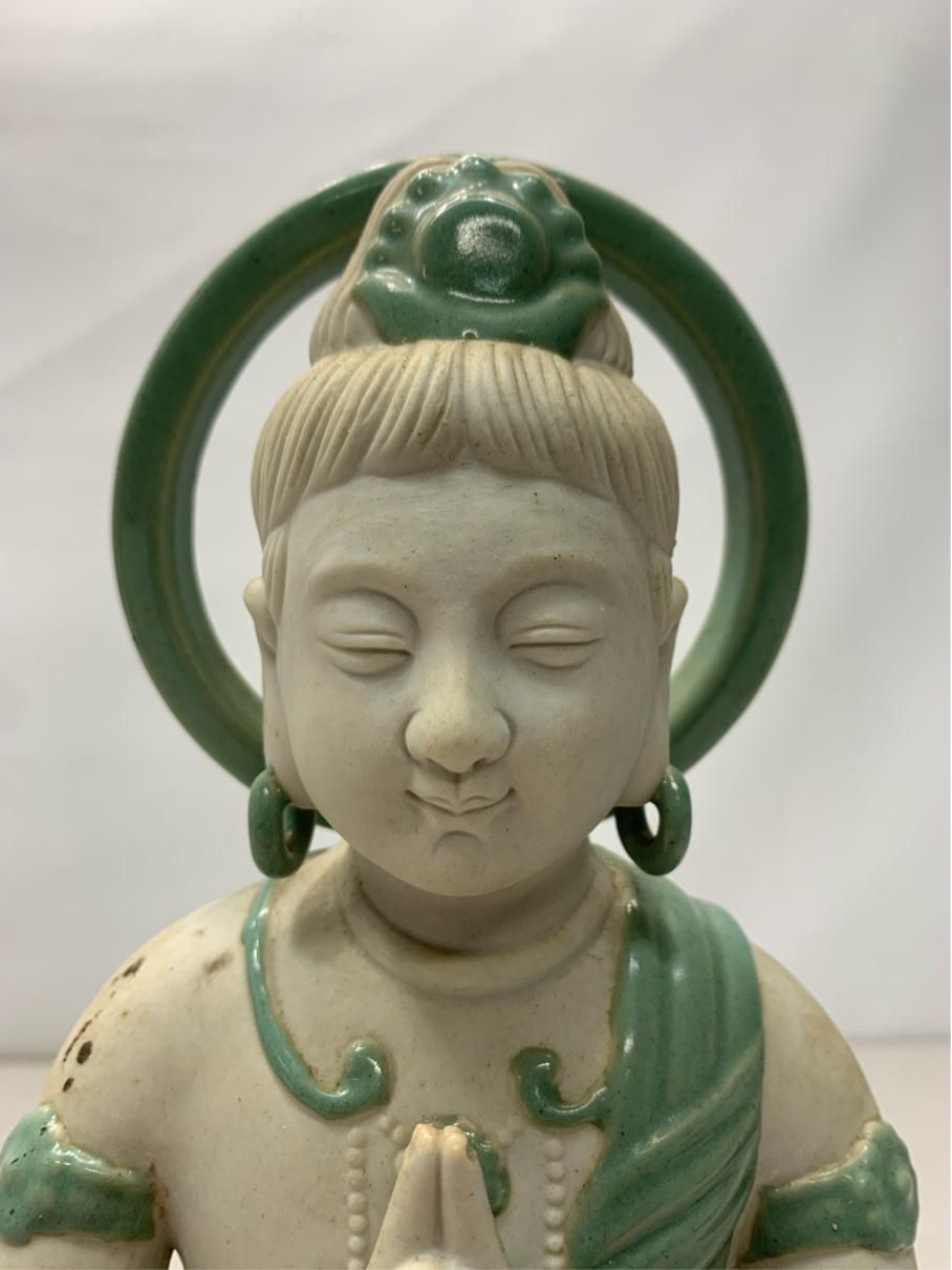 九谷焼】銘入り 青磁 観音菩薩像 仏像 置物 高さ28cm 工芸美術品 骨董