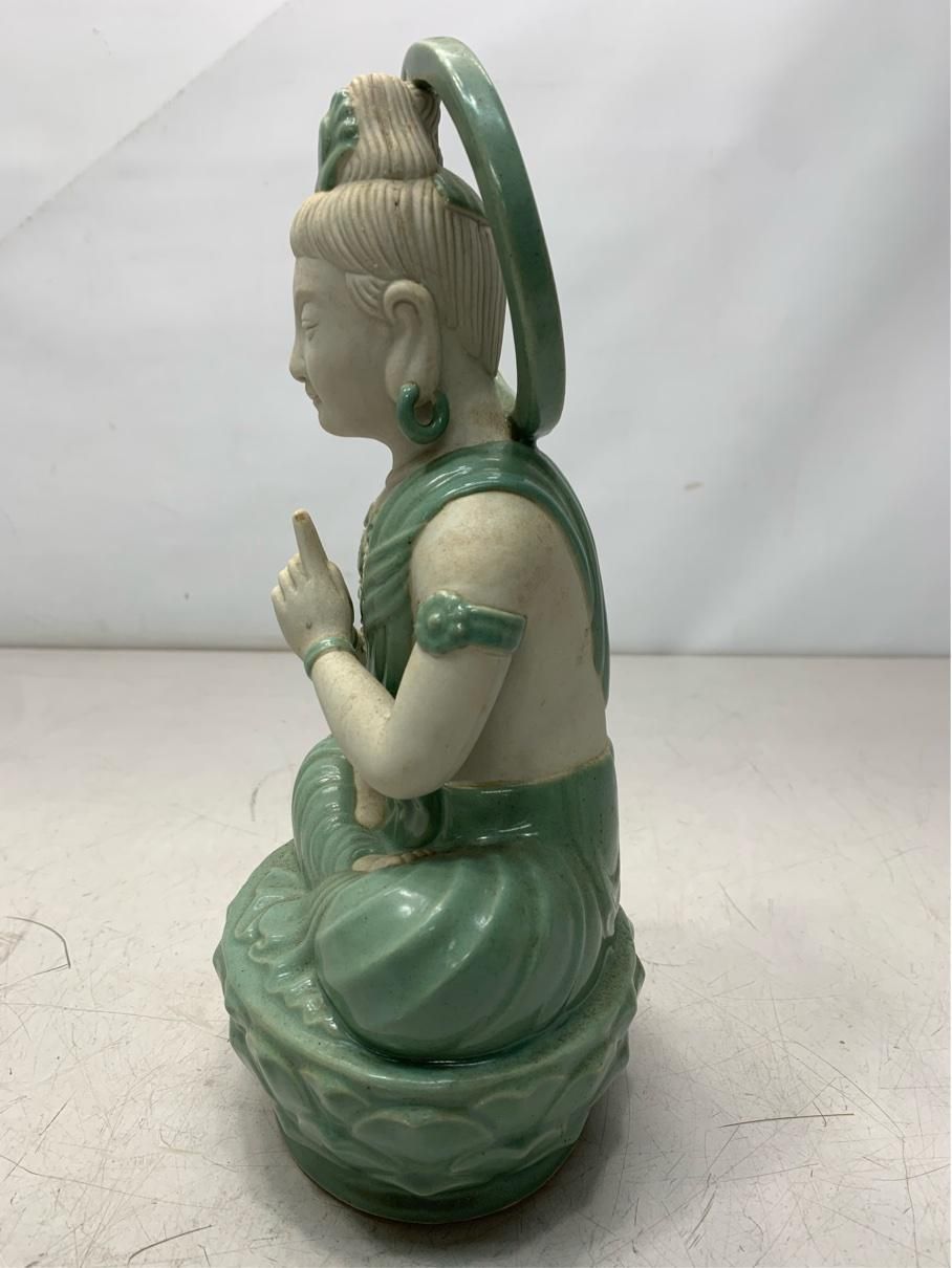九谷焼】銘入り 青磁 観音菩薩像 仏像 置物 高さ28cm 工芸美術品 骨董