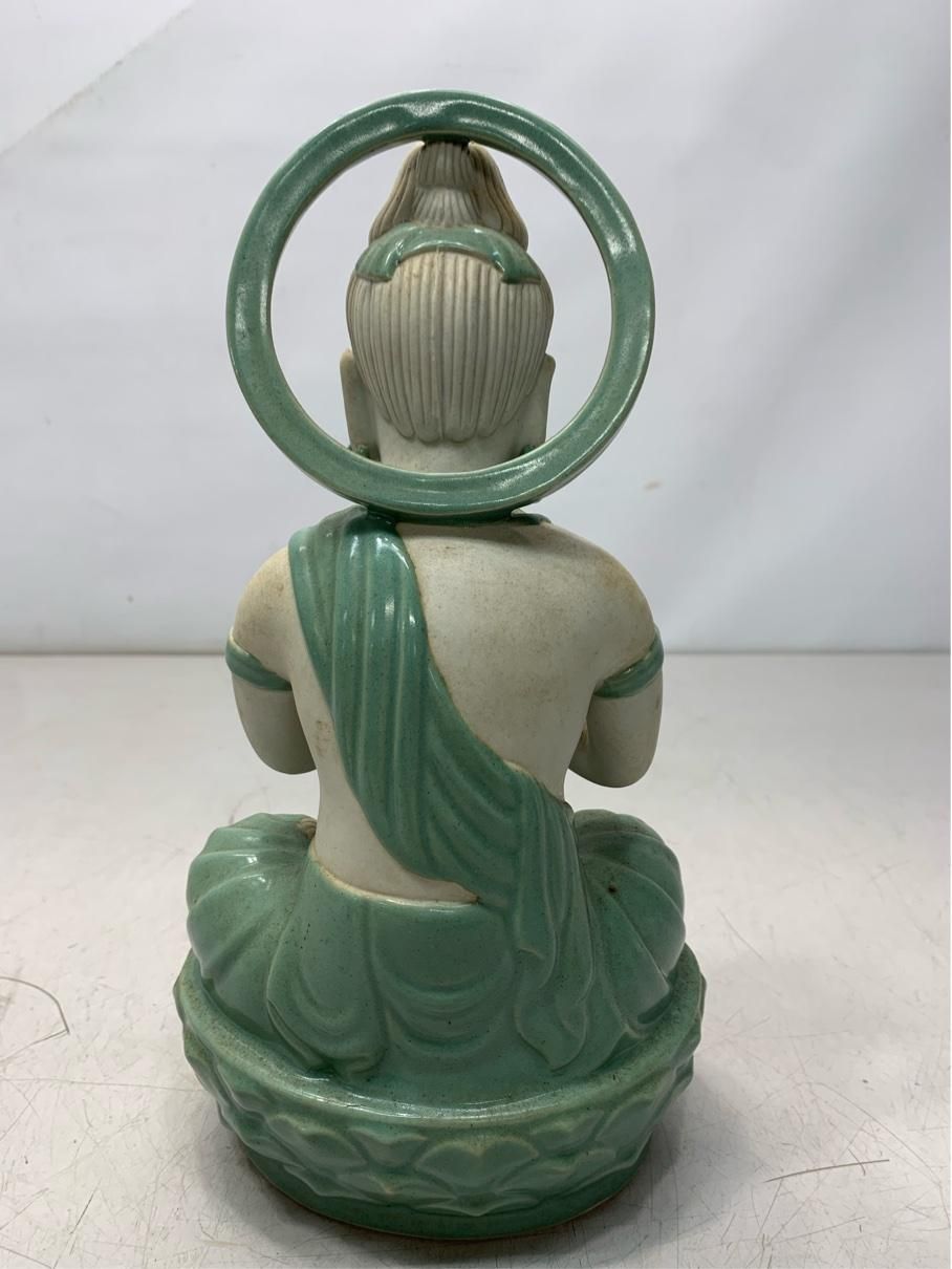 九谷焼】銘入り 青磁 観音菩薩像 仏像 置物 高さ28cm 工芸美術品 骨董