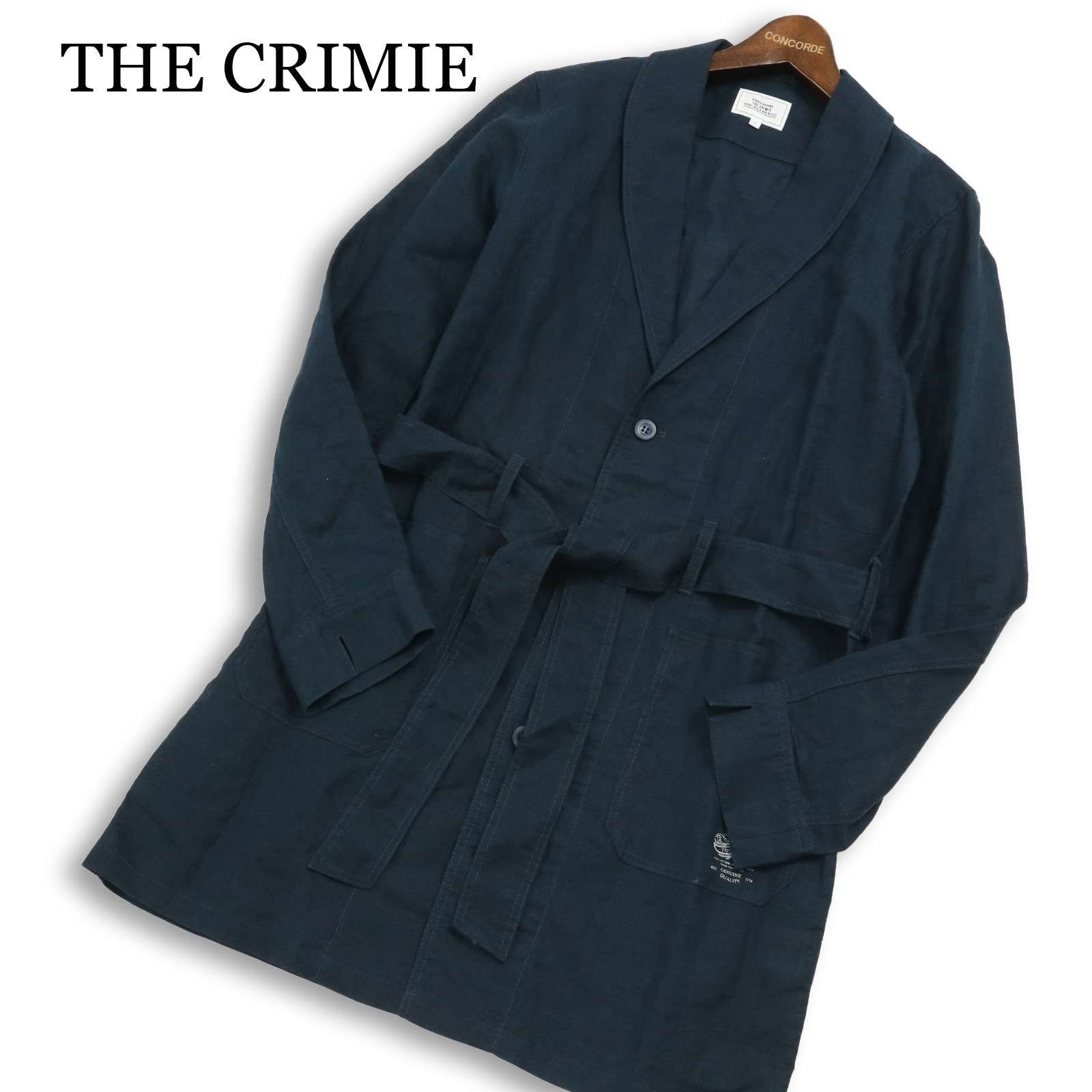 美品★ THE CRIMIE クライミー 春夏 亜麻★ リネン ロゴプリント ショールカラー ガウン カーディガン Sz.M メンズ ネイビー 美品☆ THE CRIMIE クライミー 春夏 亜麻☆ リネン ロゴプリント