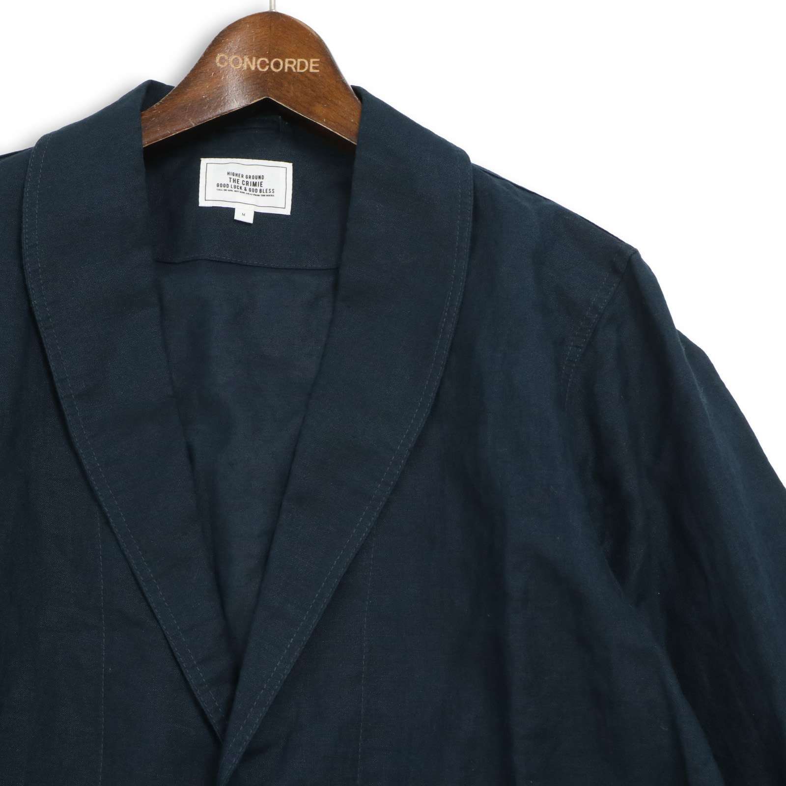 美品★ THE CRIMIE クライミー 春夏 亜麻★ リネン ロゴプリント ショールカラー ガウン カーディガン Sz.M メンズ ネイビー 美品☆ THE CRIMIE クライミー 春夏 亜麻☆ リネン ロゴプリント