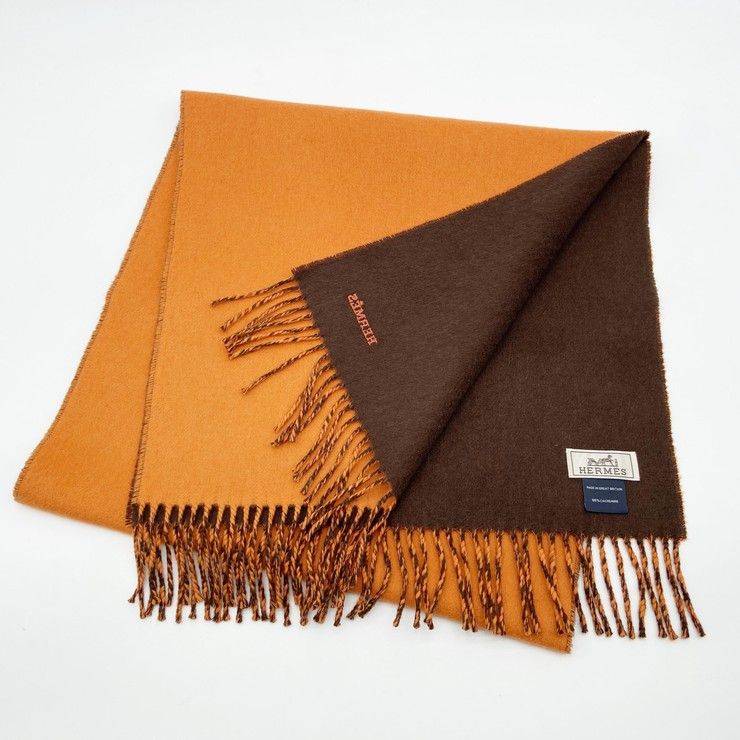 HERMES エルメス マフラー オレンジ ブラウン系 カシミヤ100 HERMES エルメス マフラー オレンジ ブラウン系 カシミヤ100