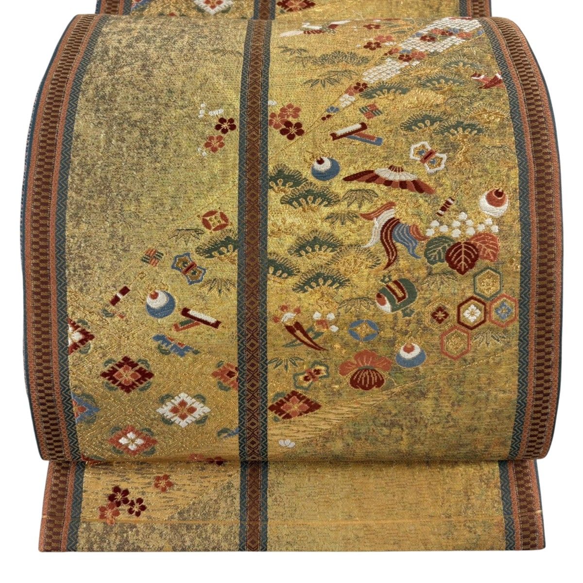 美品】 袋帯 秀品 関西仕立て 宝尽くし 松竹梅 唐織 箔 金色 六 美品】 袋帯 秀品 関西仕立て 宝尽くし 松竹梅 唐織 箔 金色 六