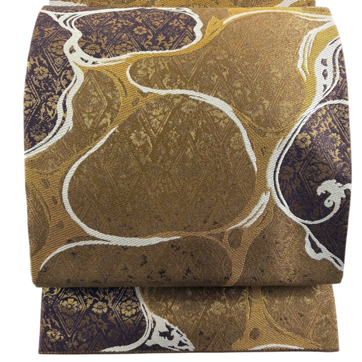 美品】 袋帯 秀品 幾何学 草花 箔 金糸 茶色 六通 正絹 【中古