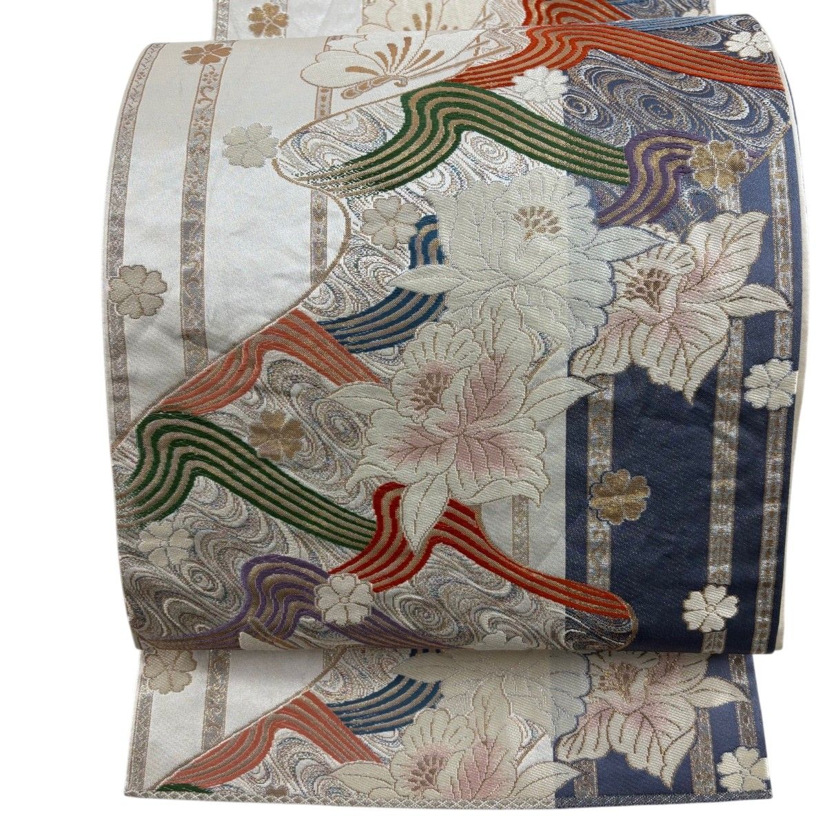 袋帯 秀品 関西仕立て 蝶 草花 箔 唐織 灰色 全通 正絹 【中古 
