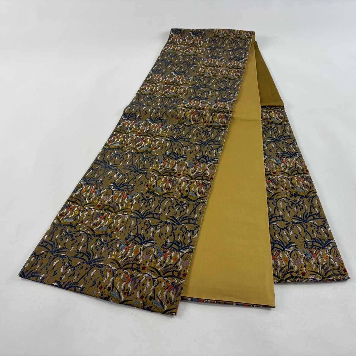 袋帯 秀品 草花 変わり市松 金糸 唐織 茶緑色 六通 正絹 【中古 袋帯 秀品 草花 変わり市松 金糸 唐織 茶緑色 六通 正絹 【中古