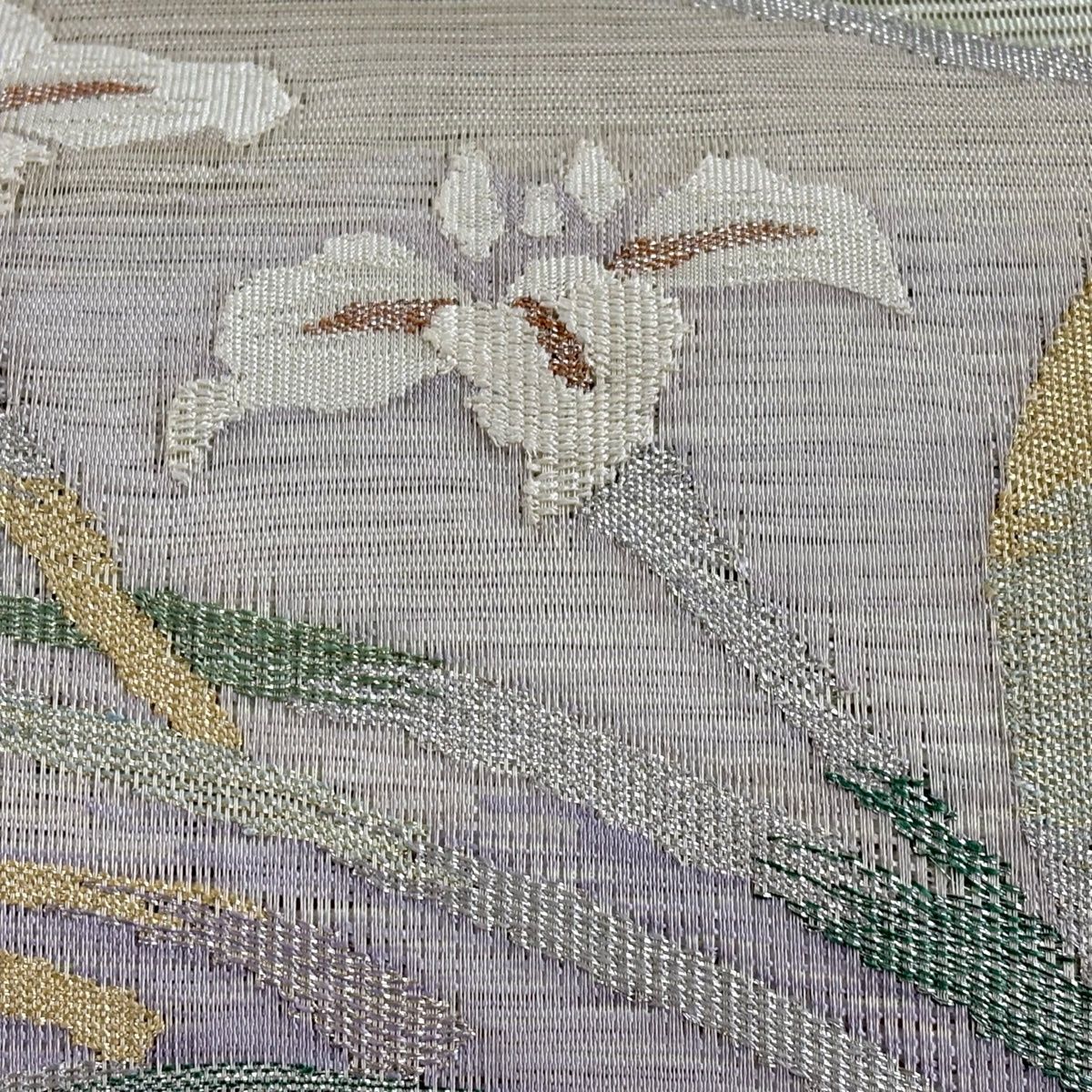 美品】 名古屋帯 秀品 夏帯 絽 八寸名古屋帯 草花 流水 金銀糸 美品】 名古屋帯 秀品 夏帯 絽 八寸名古屋帯 草花 流水 金銀糸