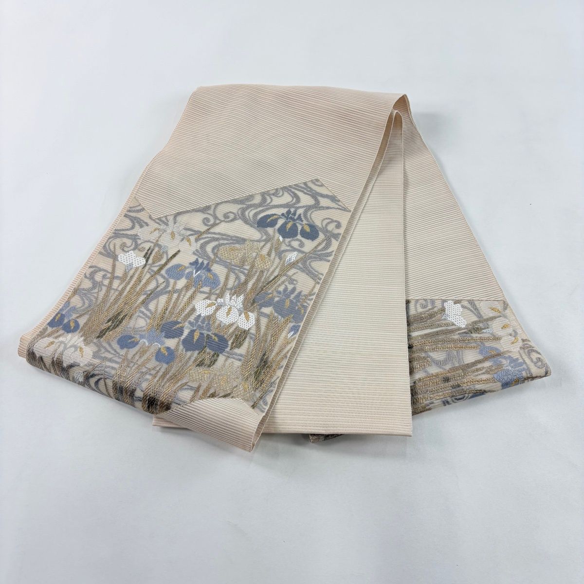袋帯 秀品 夏帯 絽 菖蒲 流水 絽刺し 金糸 ベージュ お太鼓柄 正絹