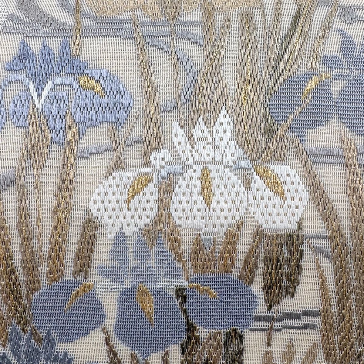 袋帯 秀品 夏帯 絽 菖蒲 流水 絽刺し 金糸 ベージュ お太鼓柄 正絹