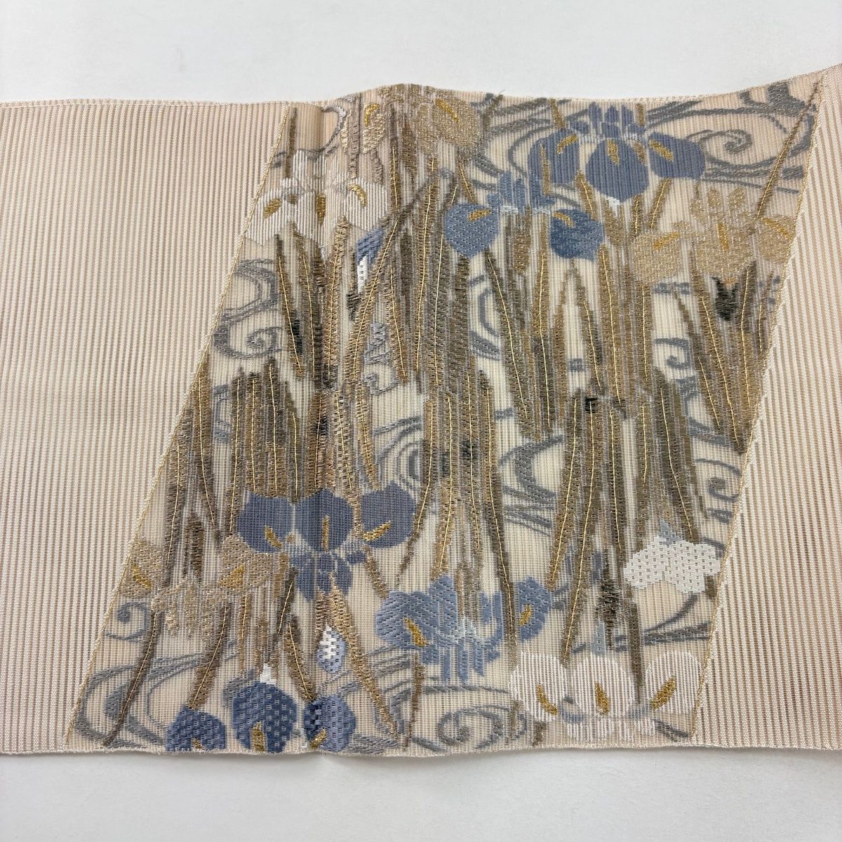 袋帯 秀品 夏帯 絽 菖蒲 流水 絽刺し 金糸 ベージュ お太鼓柄 正絹
