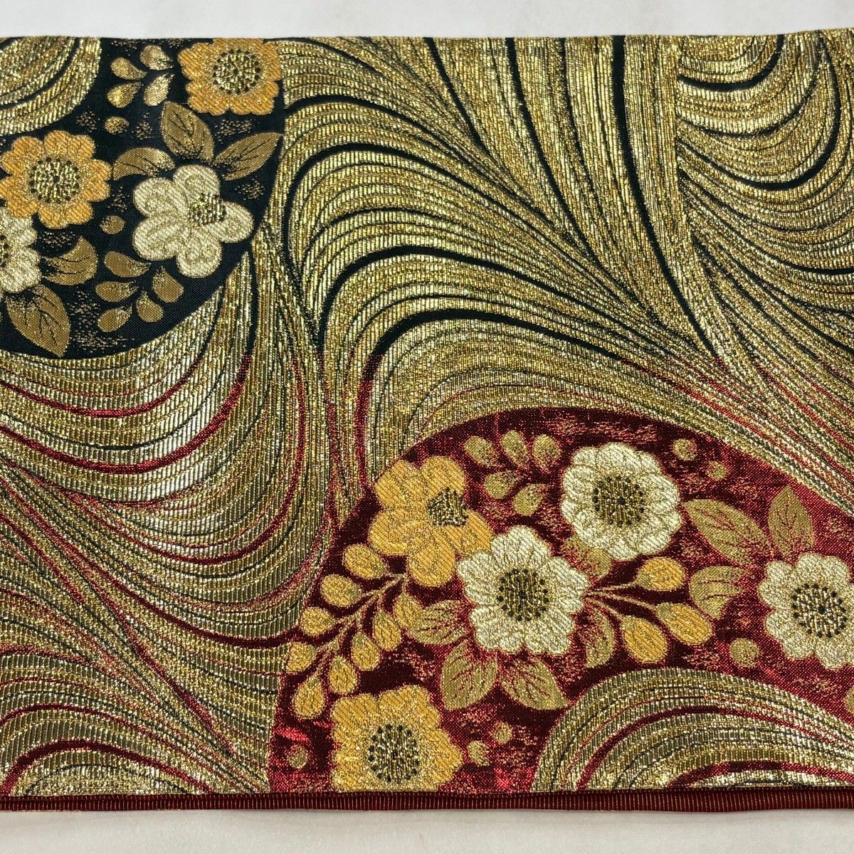 袋帯 美品 名品 辻が花柄 幾何学模様 銀糸 ラメ箔 緑 六通 正絹 【中古 
