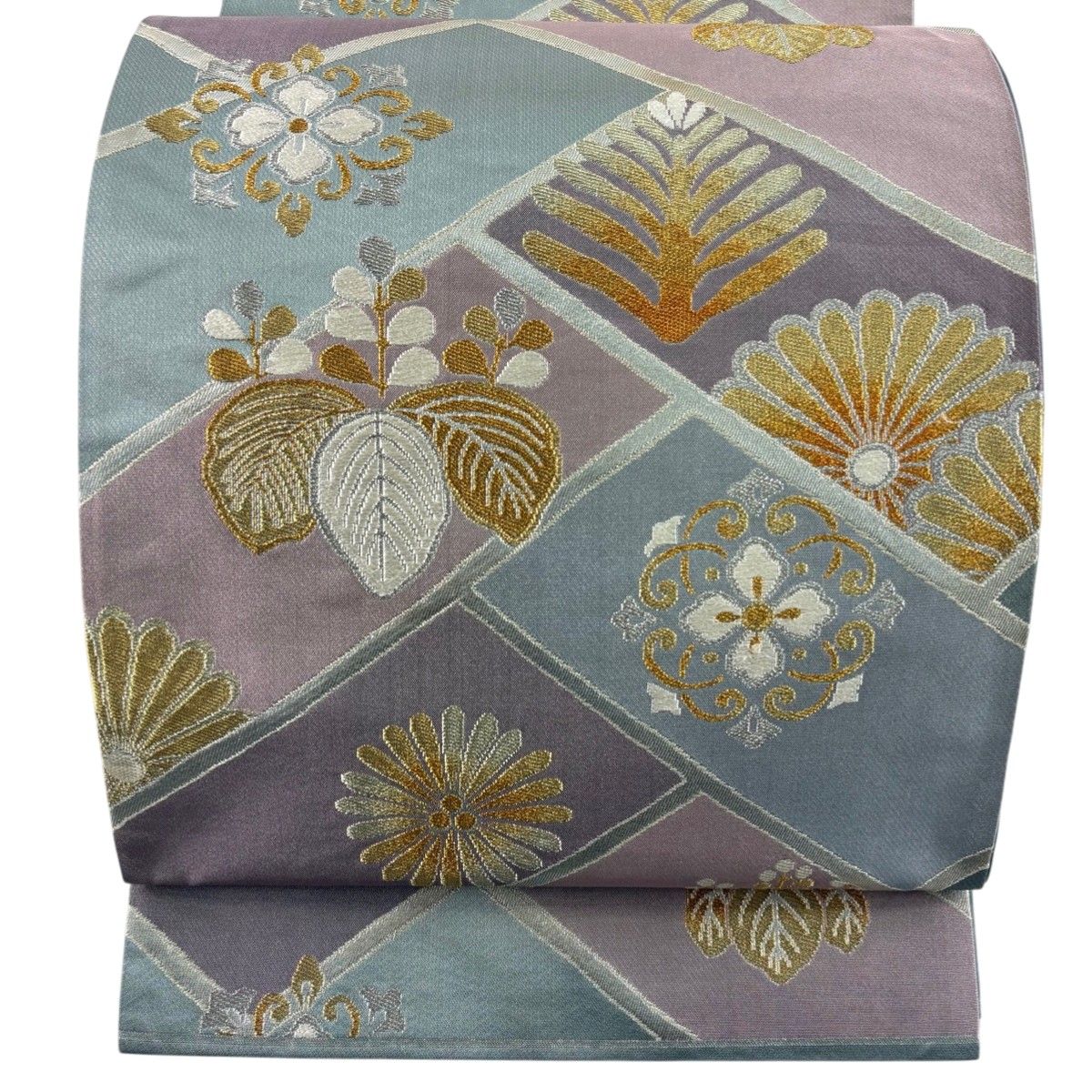 美品】 袋帯 秀品 関西仕立て 桐 華文 金銀糸 箔 青灰色 六通 正絹 