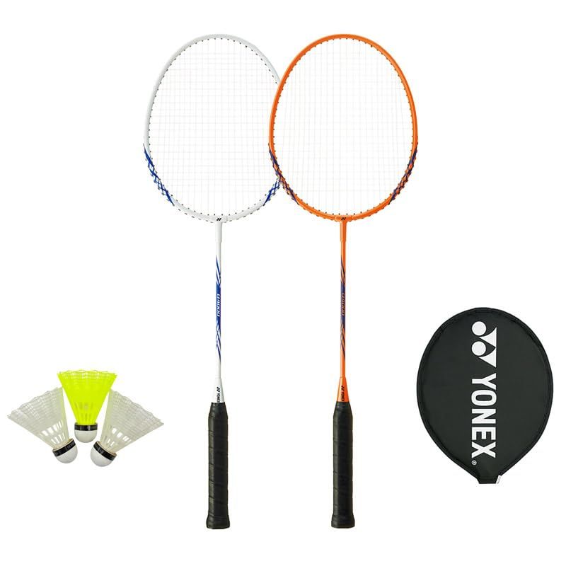新品 バドミントン ラケット B4000G 2本+ナイロンシャトル シャトル付き 初心者 練習用 トレーニング 水鳥 スタンダード ヨネックス ケース ガット張り上げ済み (011ホワイト×320コーラルオレンジ)