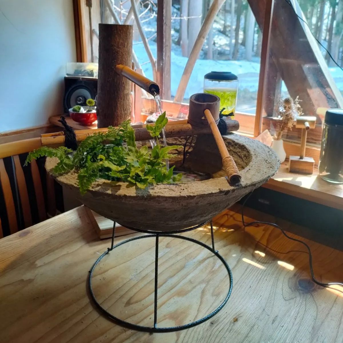 室内用ハンドメイド水鉢つくばいセット 観葉植物の緑と水音で室内に癒やし