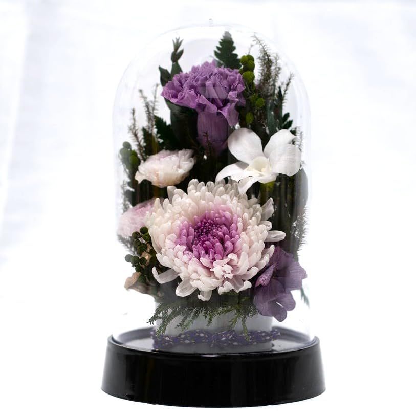 新品 供花 御供 訃報 仏花 命日 お供え お悔み お仏壇 法要 プリザーブドフラワー仏花 枯れないお花 ドームケース入り (黒土台 白紫菊お供えドーム) 8,917円