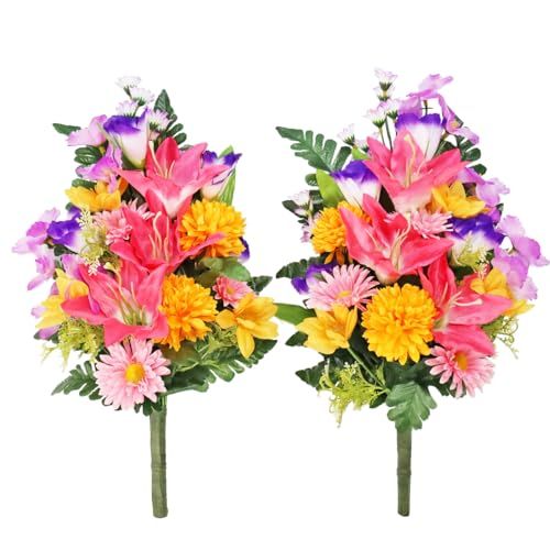 新品 山久 造花 仏花 デンファレとユリの花束 一対 約43cm CT触媒(消臭分解・防汚)加工 シルクフラワー お彼岸 お盆 お仏壇 お墓 花 お供え お彼岸 btb