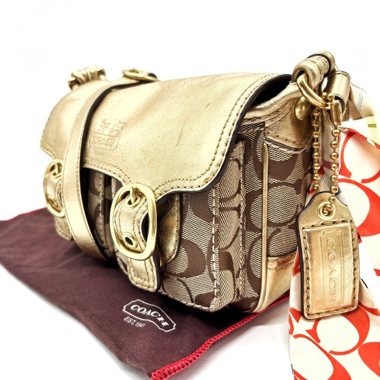 良品】coach y2k signature canvas shoulderbag pochette gold parts