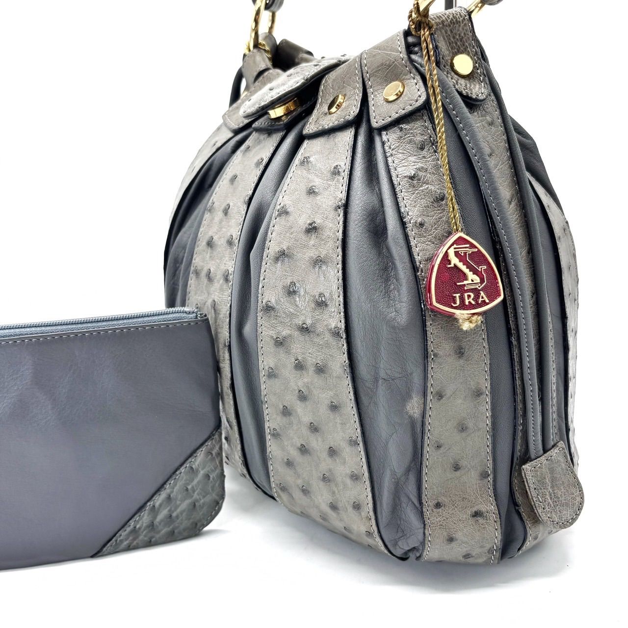 良品】JRA オーストリッチ オールレザー 革 巾着 ショルダーバッグ 