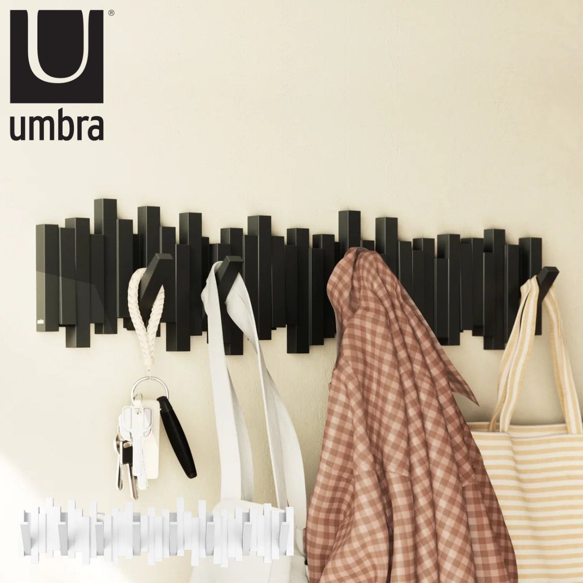 umbra 壁掛けフック スティックマルチフック 8連 コート掛け マルチフック （ アンブラ 壁掛け 小物入れ 壁付け ハンガー ウォールフック ハンガーフック 玄関 収納 洋服掛け インテリア おしゃれ )