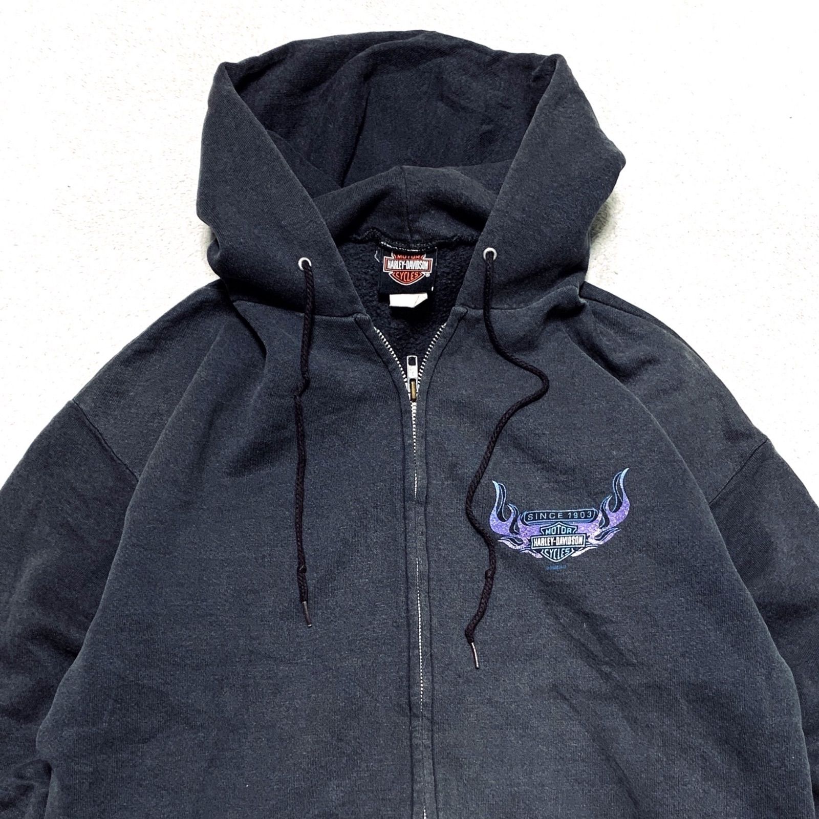 Harley Davidson パーカー XL 黒 フェード 両面プリント HARLEY DAVIDSON ジップパーカー フーディー ブルーフレイム