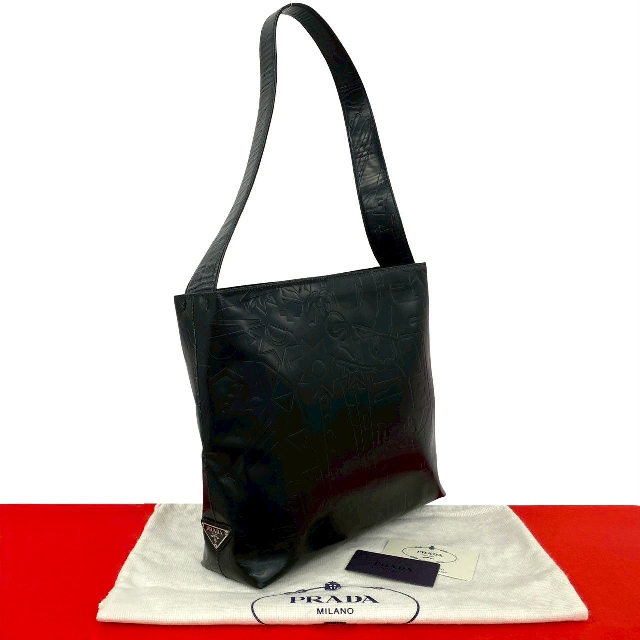 極 美品 希少品 袋付き PRADA プラダ 三角ロゴ 金具 型押し レザー 本