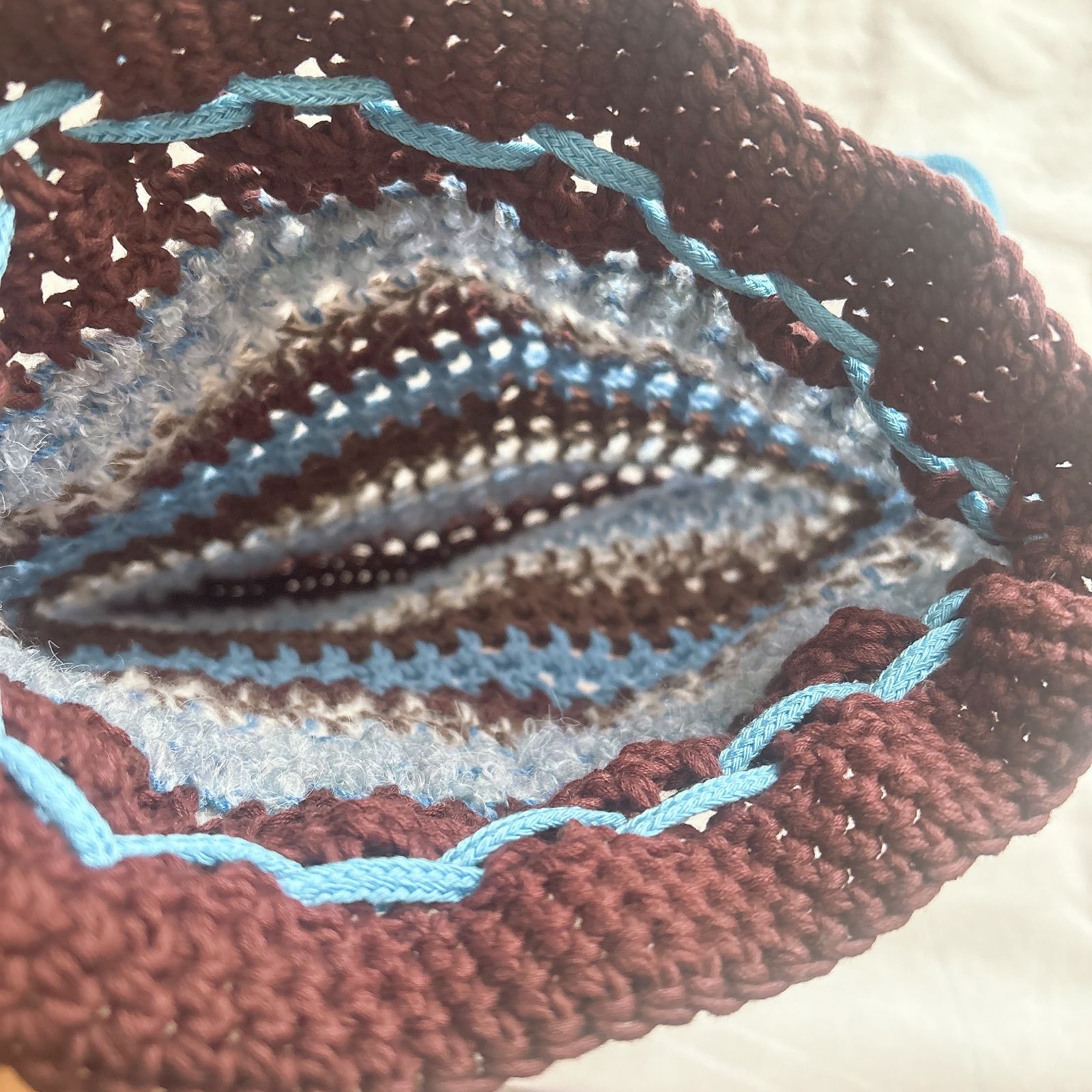 ハンドメイド・完成品】ナップサック メッシュ ブラウン ブルー スカイ