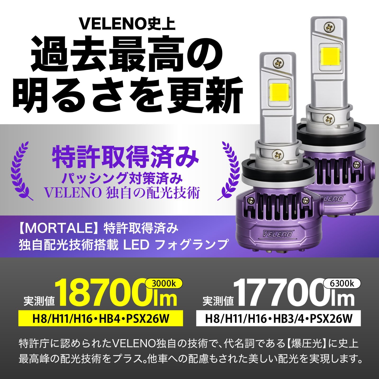 VELENO MORTALE 特許取得済 LED フォグランプ イエロー 18700lm 