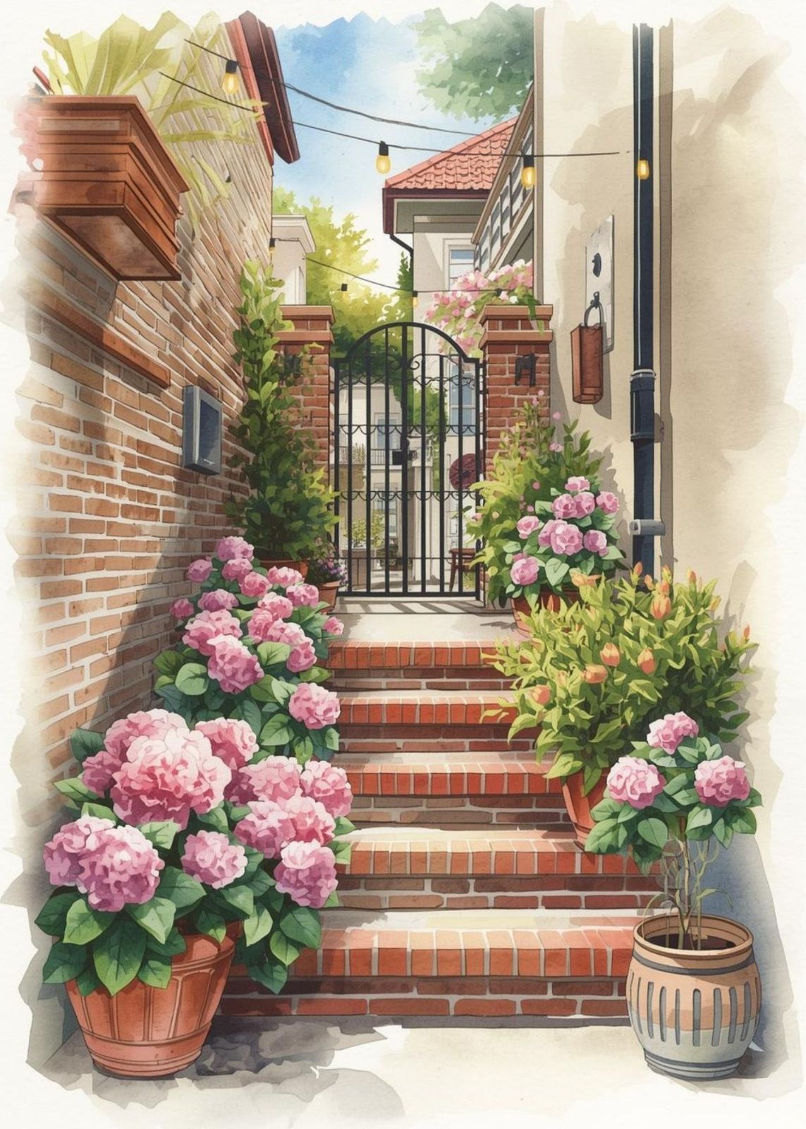 2347 ヨーロッパ 路地裏 階段 紫陽花 アジサイ 風景画 アートポスター