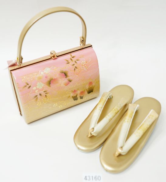 草履バッグセット 螺鈿柄 ピンク ゴールド 22cm NO43160 草履バッグセット 螺鈿柄 ピンク ゴールド エナメル 金彩 22cm