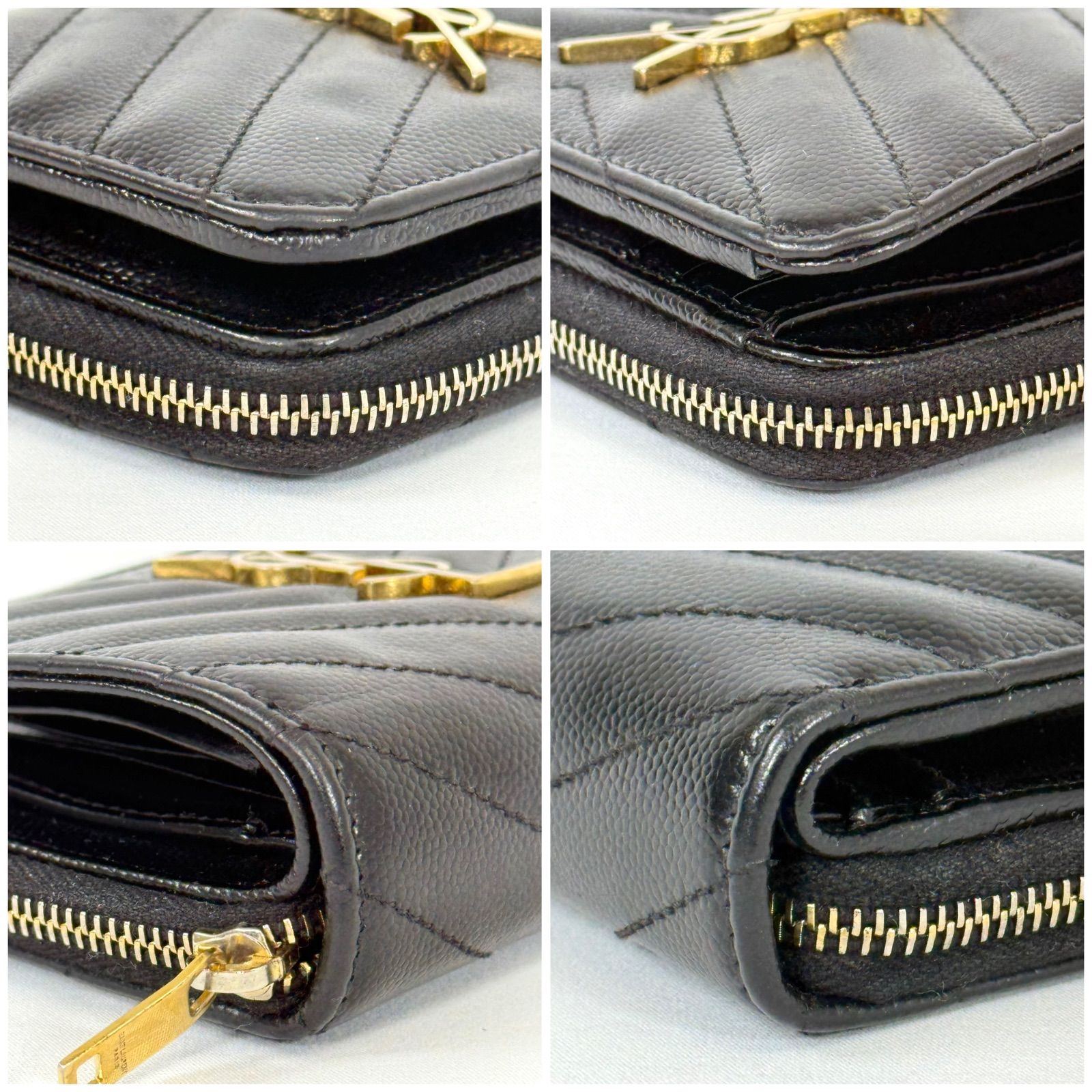 専用✨サンローラン 二つ折り財布 キャビアスキン Vステッチ レザー 黒 
