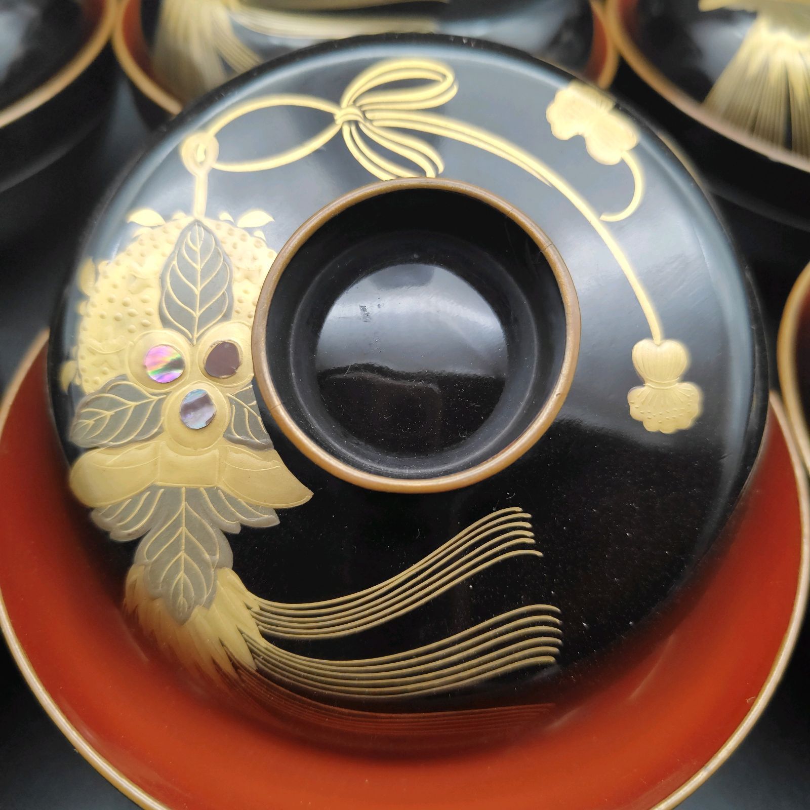 高岡漆器 蓋付き椀 10客 明治時代 金蒔絵 螺鈿象嵌 骨董品