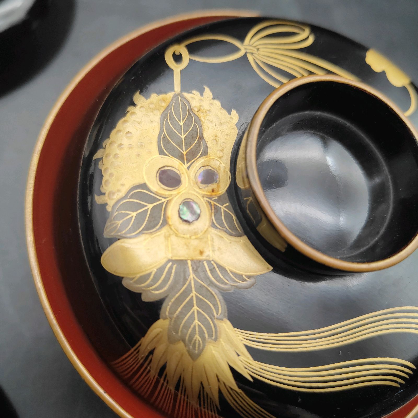 高岡漆器 蓋付き椀 10客 明治時代 金蒔絵 螺鈿象嵌 骨董品