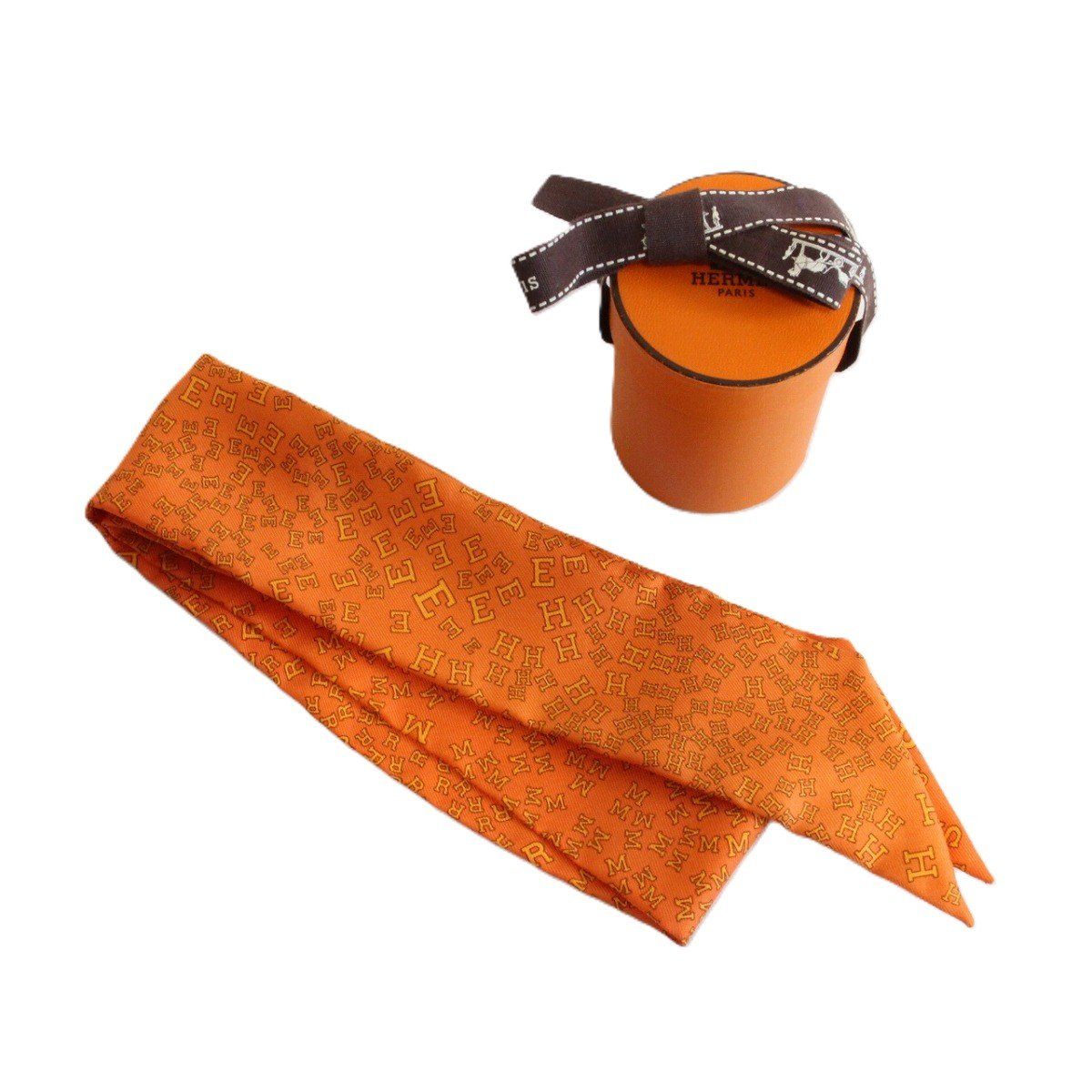 HERMES エルメス ツイリー アルファベット シルク100％ オレンジ系【い