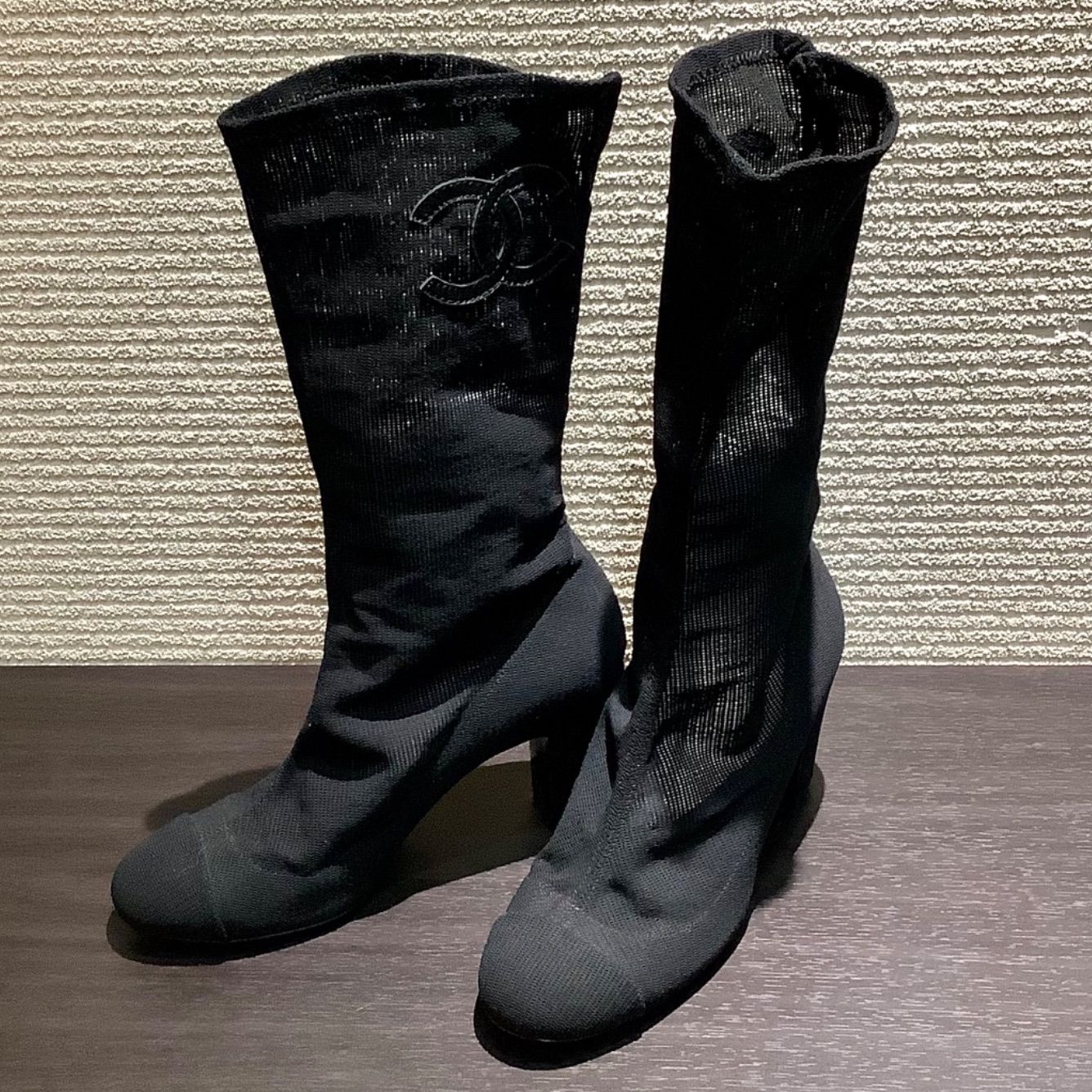 シャネル CHANEL ココマーク メッシュ ニットブーツ ロングブーツ 黒 