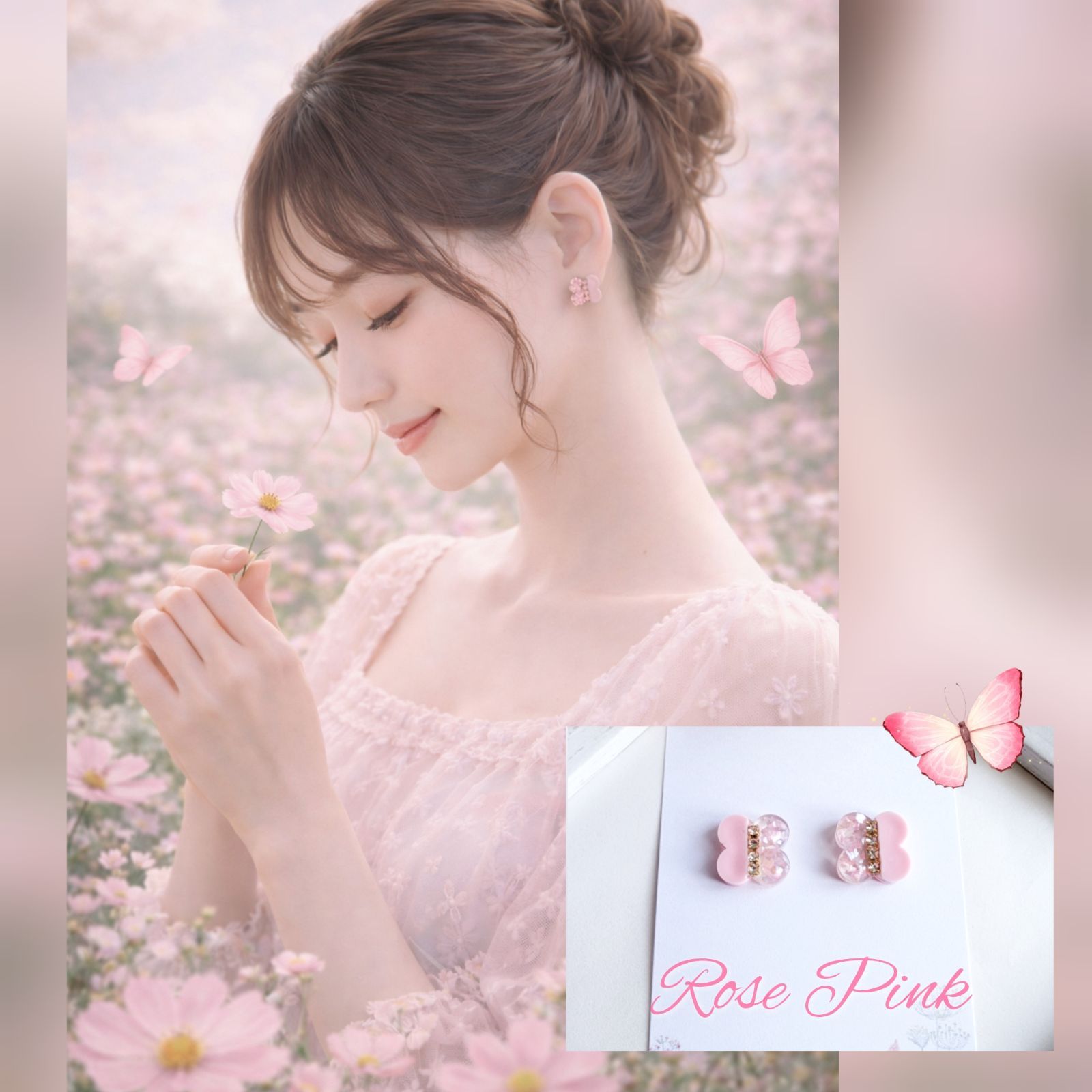 ꕤ︎︎お花のバイカラー ピアス イヤリング ローズピンク - メルカリ