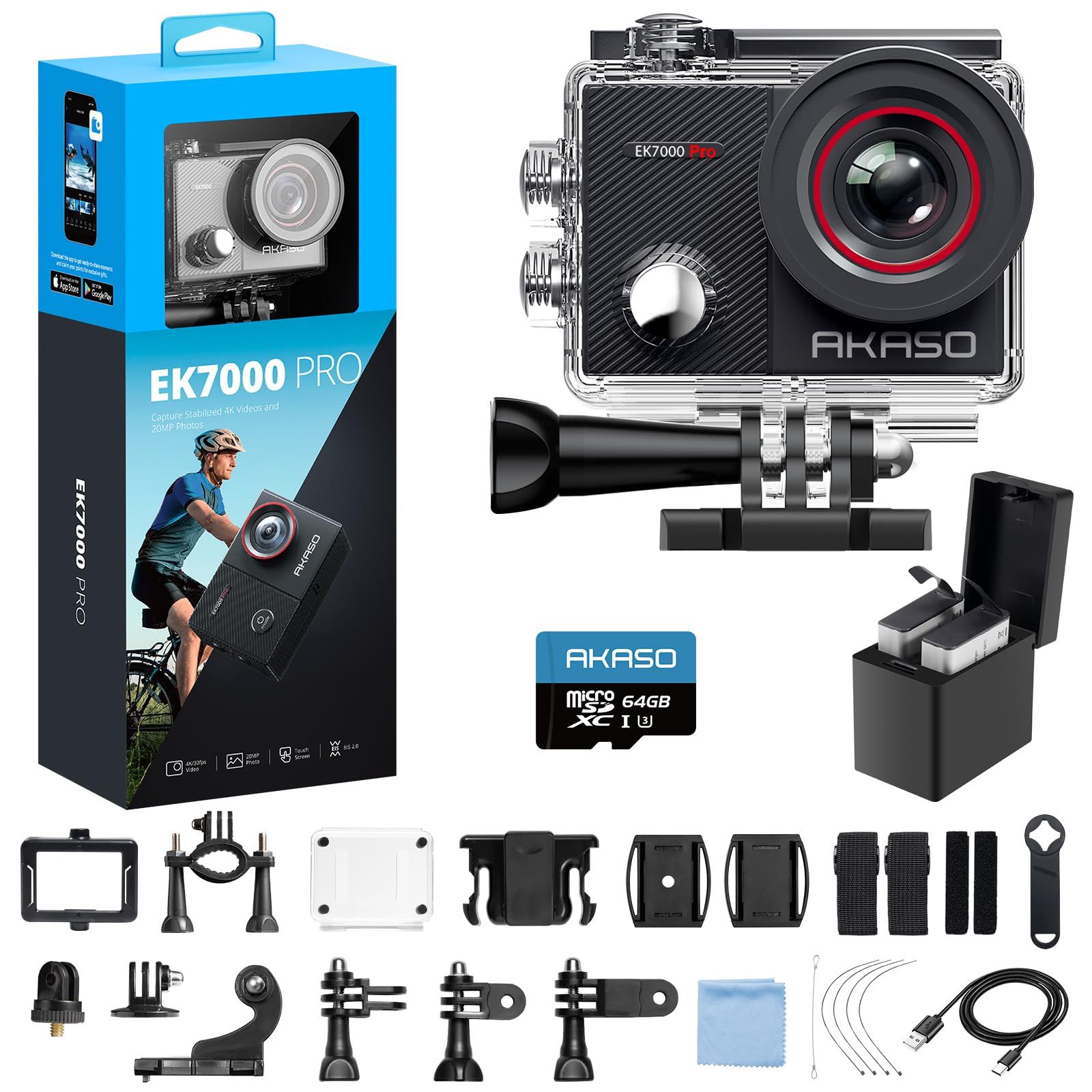 AKASO EK7000 Pro + 64GBメモリカード 4K アクションカメラ 2000万画素 