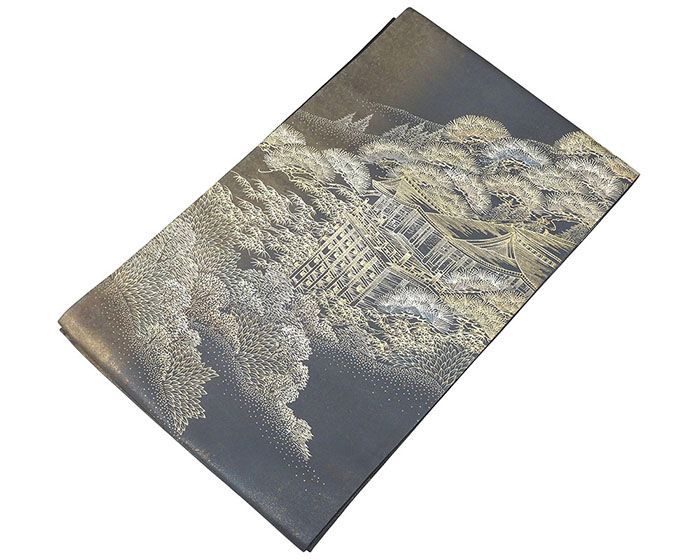 美品 金の蔵屋】 希少な逸品 未使用 美品 正絹 袋帯 墨色地 ペルシャ唐花模様 極細相良刺繍 相良刺繍二百萬粒 箱付き 中国三大刺繍 上代200万円