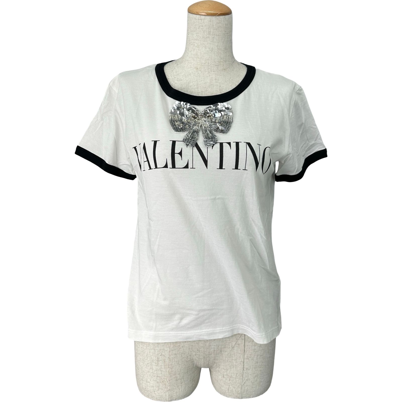 ヴァレンティノ VALENTINO スパンコールリボンロゴ半袖シャツ XB3MG16Z73Y ホワイト コットン レディース 半袖Ｔシャツ