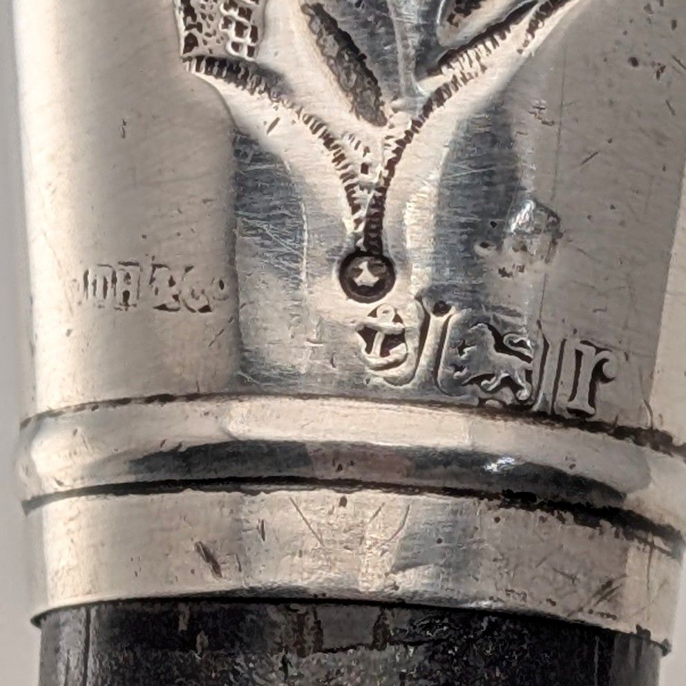 1916年 英国アンティーク ブラックシャフト 純銀ロンデルハンドル 杖