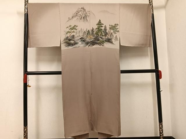平和屋着物●男性　長襦袢　袷　手描き　風景樹林文　暈し染め　金彩　正絹　逸品　AABH0428ph
